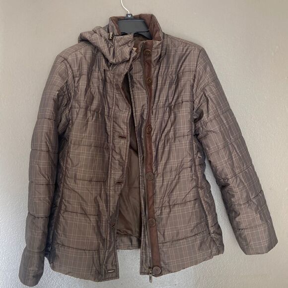 Womens RFF Rainforest Hooded Puffer Jacket Briwn Plaid Size Medium - Picture 1 of 9
